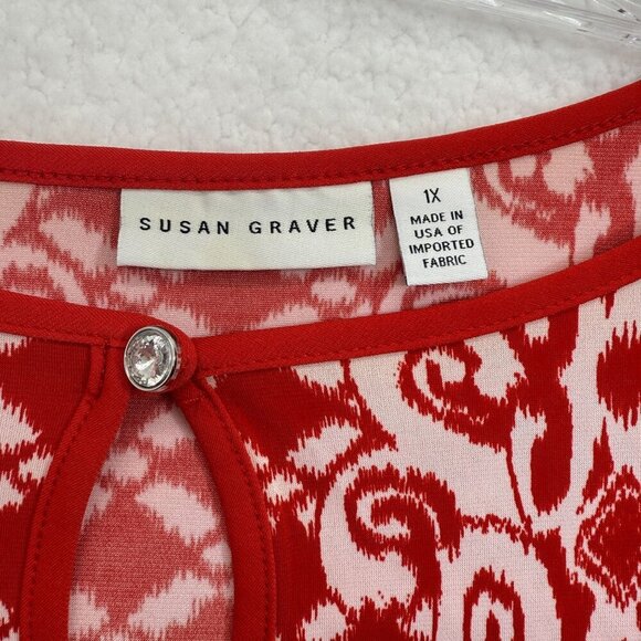 Susan Graver Liquid Knit Top Bold Red Print Keyhole Front Travel Comfort Size 1X - Picture 6 of 10